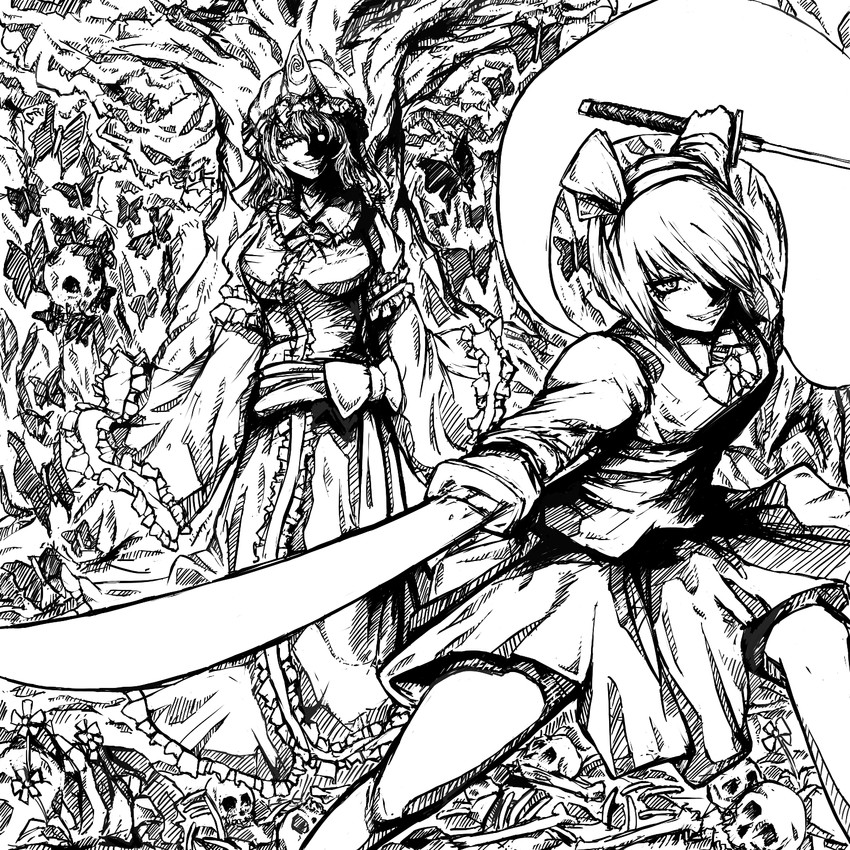 konpaku youmu, saigyouji yuyuko, and saigyou ayakashi (touhou) drawn by mortlevenin