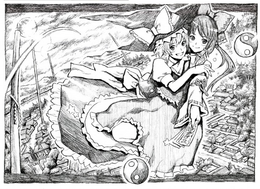 hakurei reimu and kirisame marisa (touhou) drawn by nobita_(makoto7060355)