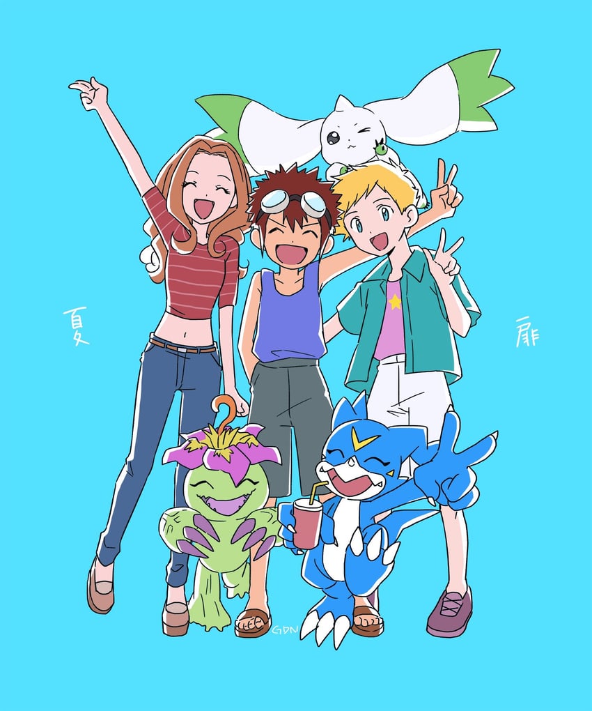 tachikawa mimi, terriermon, palmon, v-mon, motomiya daisuke, and 2 more (digimon and 2 more) drawn by gdn0522