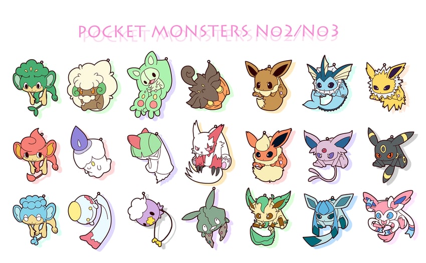 eevee, sylveon, umbreon, glaceon, vaporeon, and 16 more (pokemon) drawn by lai_(pixiv1814979)