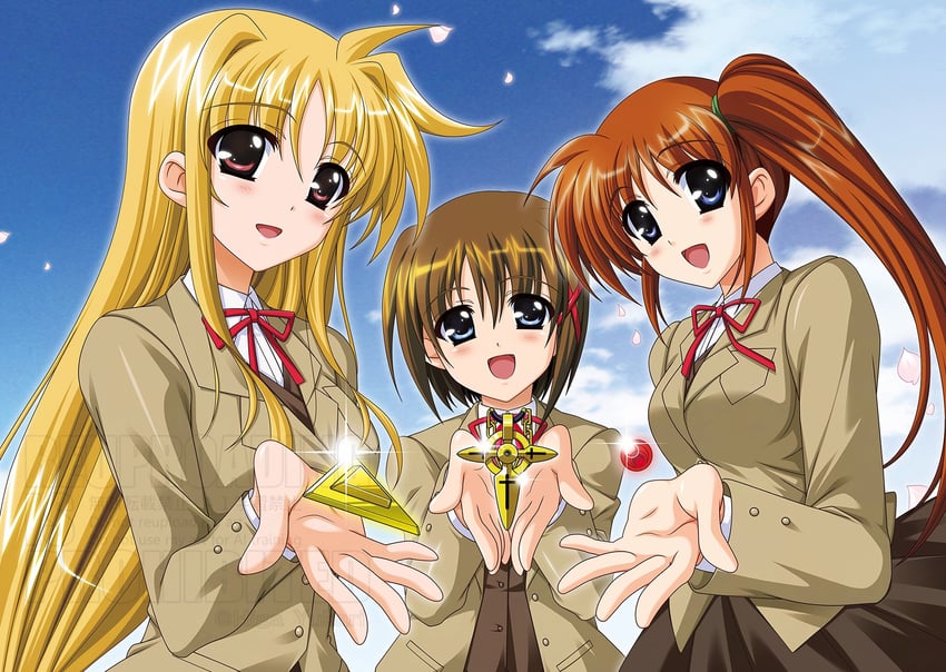 fate testarossa, takamachi nanoha, yagami hayate, raising heart, bardiche, and 1 more (lyrical nanoha and 2 more) drawn by higa_yukari