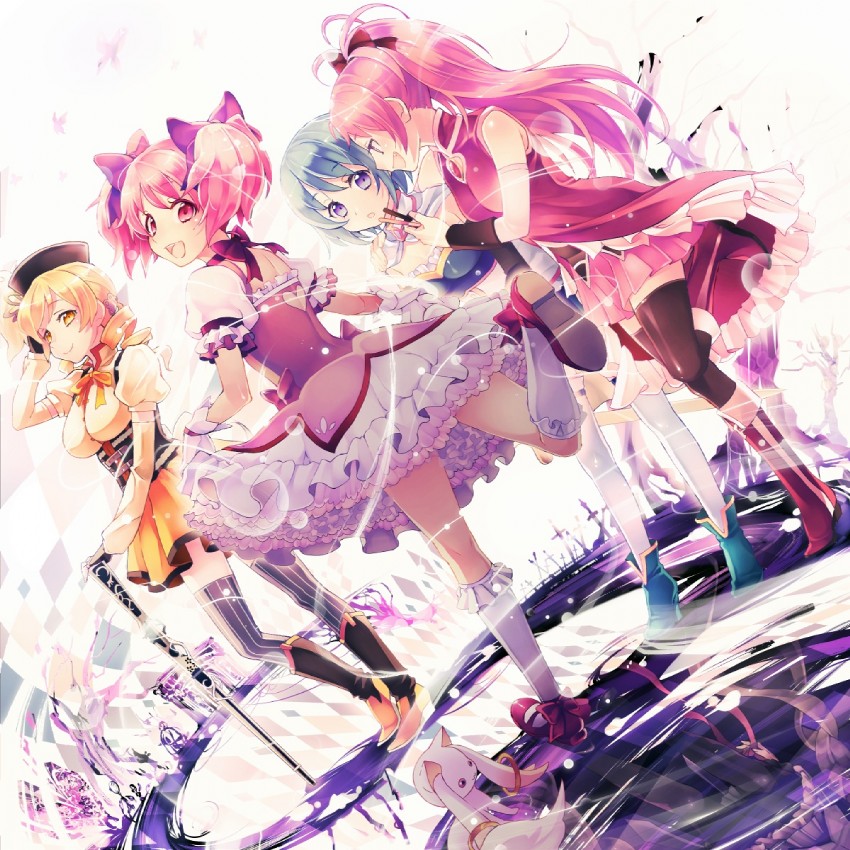 akemi homura, kaname madoka, miki sayaka, sakura kyoko, tomoe mami, and 1 more (mahou shoujo madoka magica) drawn by nemusuke