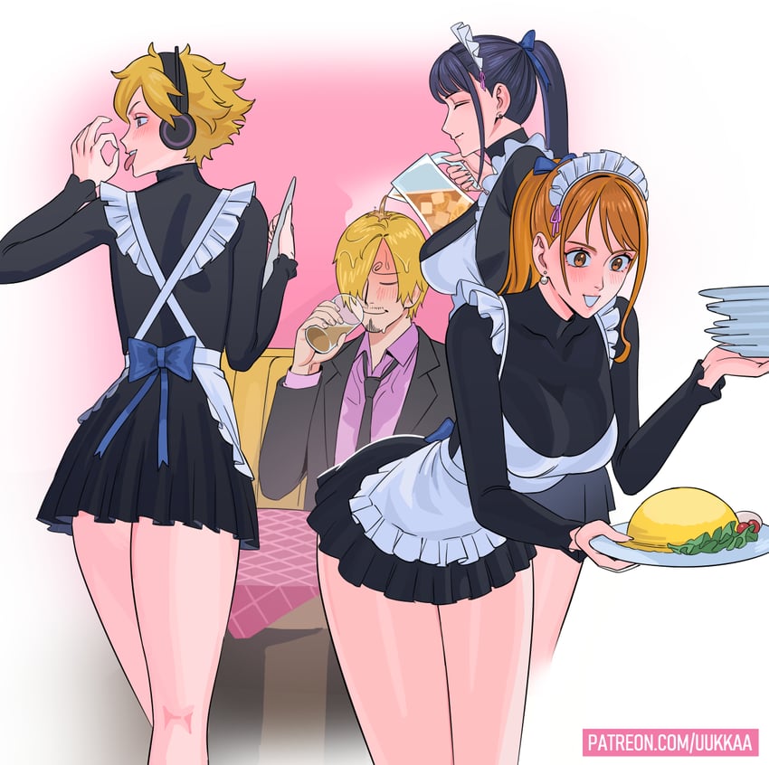 nami, nico robin, sanji, and vegapunk lilith (one piece) drawn by uukkaa