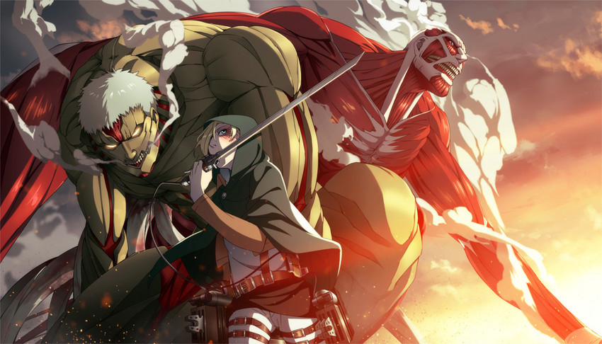 annie leonhart, titan, colossal titan, and armored titan (shingeki no kyojin) drawn by natuichi-7212