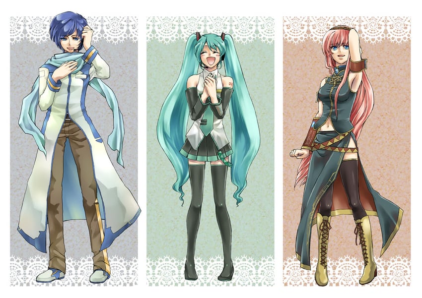 hatsune miku, megurine luka, and kaito (vocaloid) drawn by micoto