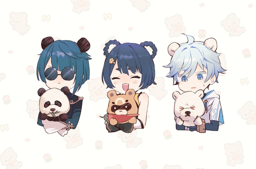 xingqiu, chongyun, xiangling, and guoba (genshin impact) drawn by timukai