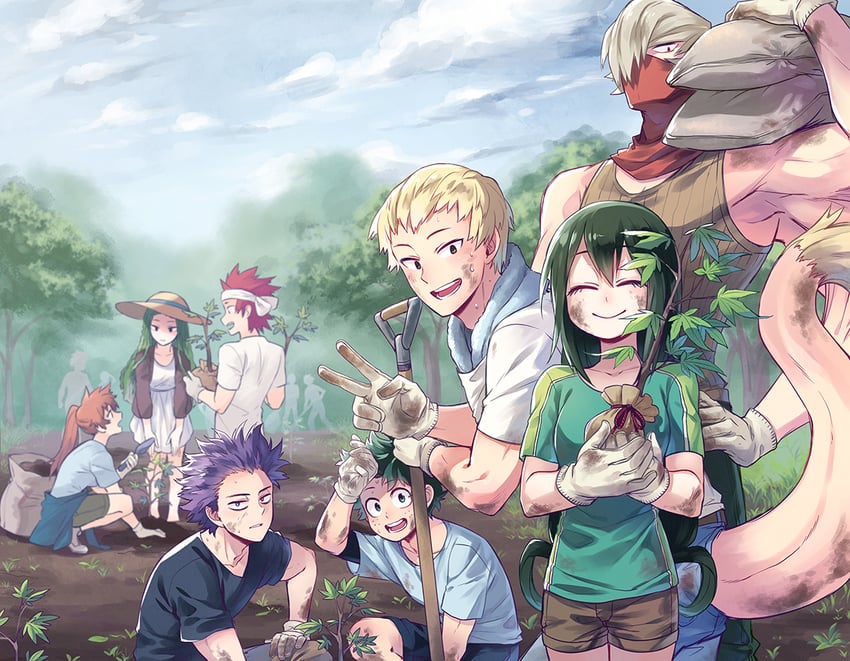 midoriya izuku, asui tsuyu, kirishima eijiro, shinso hitoshi, kendo itsuka, and 3 more (boku no hero academia) drawn by lowah