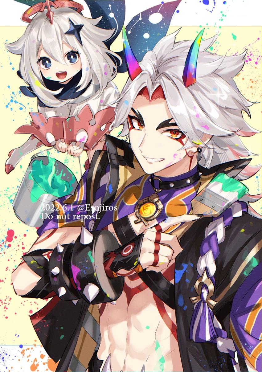 paimon and arataki itto (genshin impact) drawn by amaichi_esora