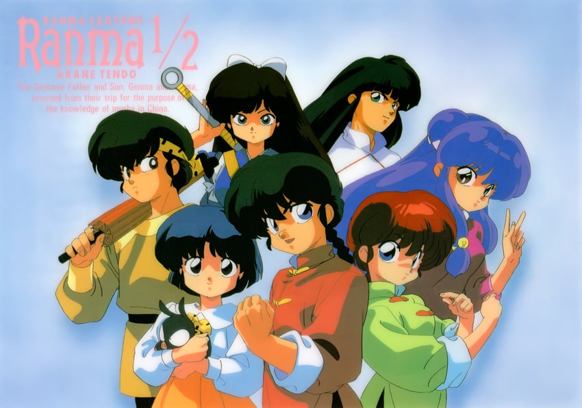 ranma-chan, shampoo, tendou akane, saotome ranma, p-chan, and 1 more (ranma 1/2)