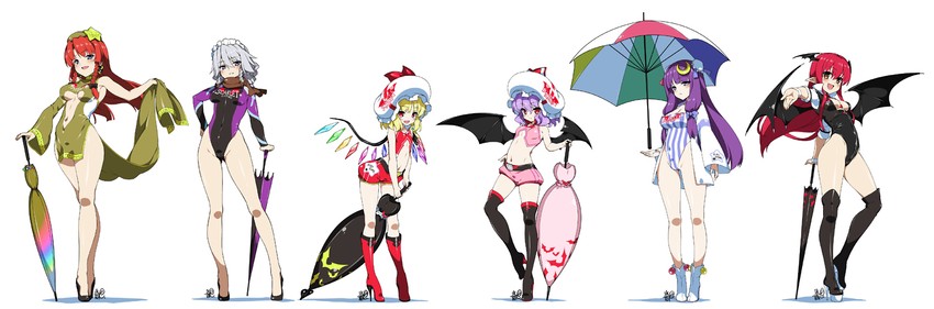 remilia scarlet, flandre scarlet, izayoi sakuya, patchouli knowledge, hong meiling, and 1 more (touhou) drawn by hyouju_issei