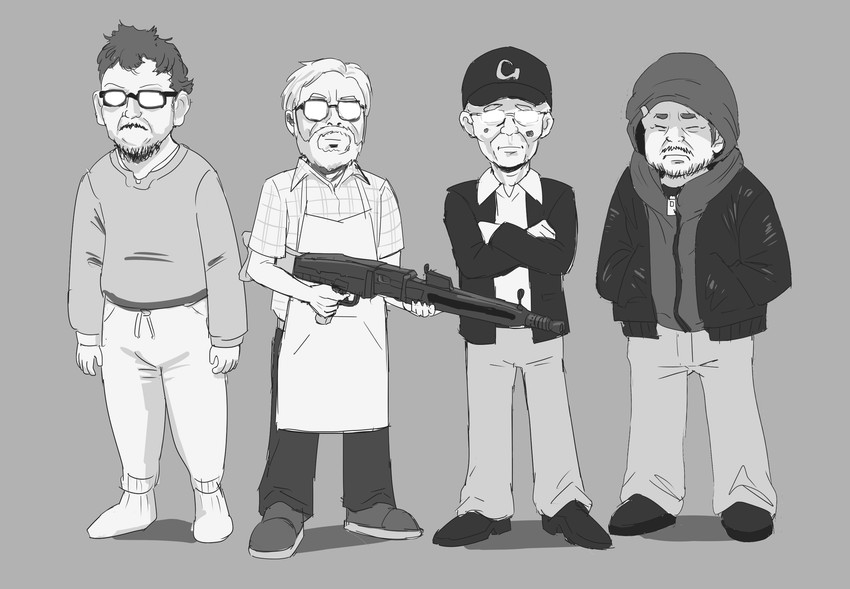 miyazaki hayao, tomino yoshiyuki, anno hideaki, and oshii mamoru (real life) drawn by siratori_(yy_203)
