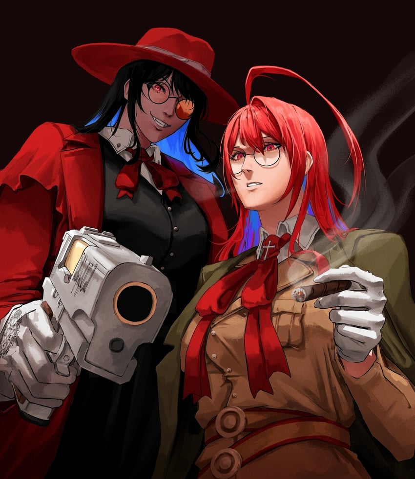 nerissa ravencroft, elizabeth rose bloodflame, alucard, and integra hellsing (hololive and 2 more) drawn by mairu_(user_2757)