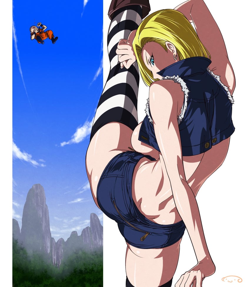 android 18 and kuririn (dragon ball and 1 more) drawn by suna_(sandworks)