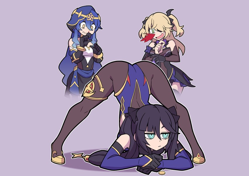 mona, fischl, and layla (genshin impact) drawn by shi_ling_yu