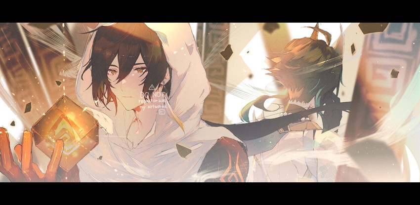 xiao, zhongli, and statue of the seven (genshin impact) drawn by dot3
