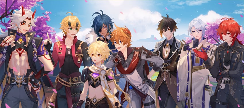 aether, zhongli, tartaglia, diluc, kaeya, and 3 more (genshin impact) drawn by pinchi
