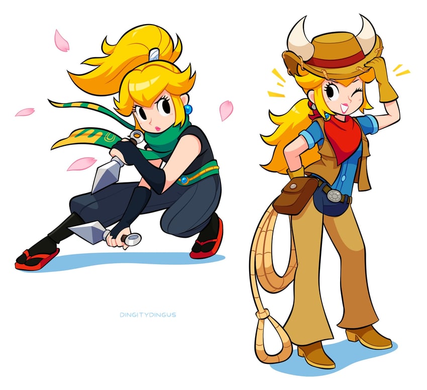 princess peach, ninja peach, and cowgirl peach (mario and 1 more) drawn by vinny_(dingitydingus)