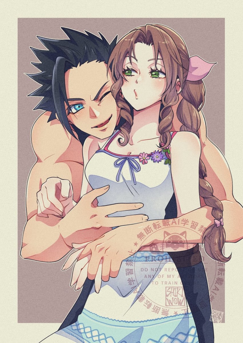 aerith gainsborough and zack fair (final fantasy and 2 more) drawn by shikiwo