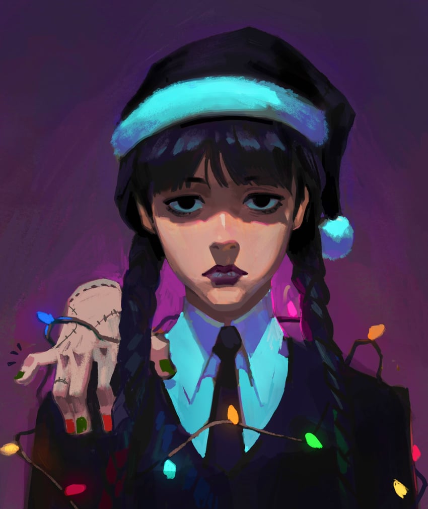 wednesday addams and thing (addams family and 1 more) drawn by julia_shii