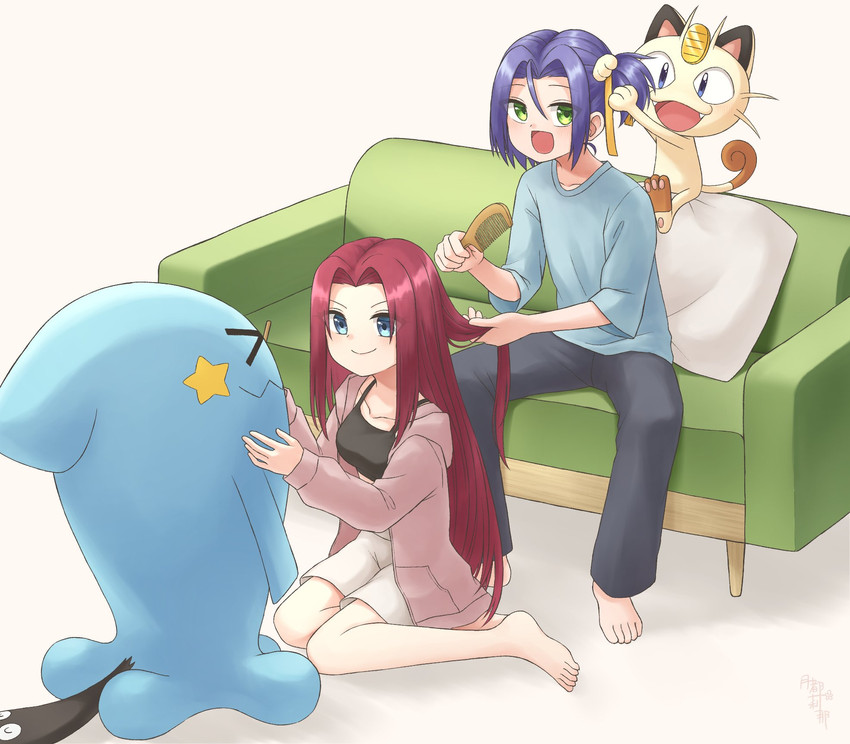 jessie, james, meowth, and wobbuffet (pokemon) drawn by tsukino_mi