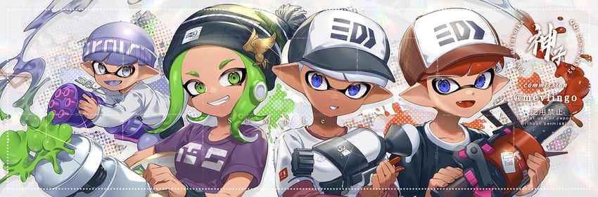 inkling player character, octoling player character, octoling girl, and inkling boy (splatoon and 1 more) drawn by jinkoika