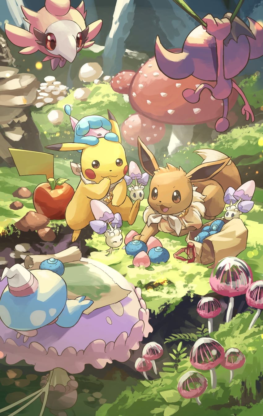 pikachu, eevee, hatenna, hattrem, morelull, and 2 more (pokemon and 1 more) drawn by yamaori_(hakkentai_pokedan)