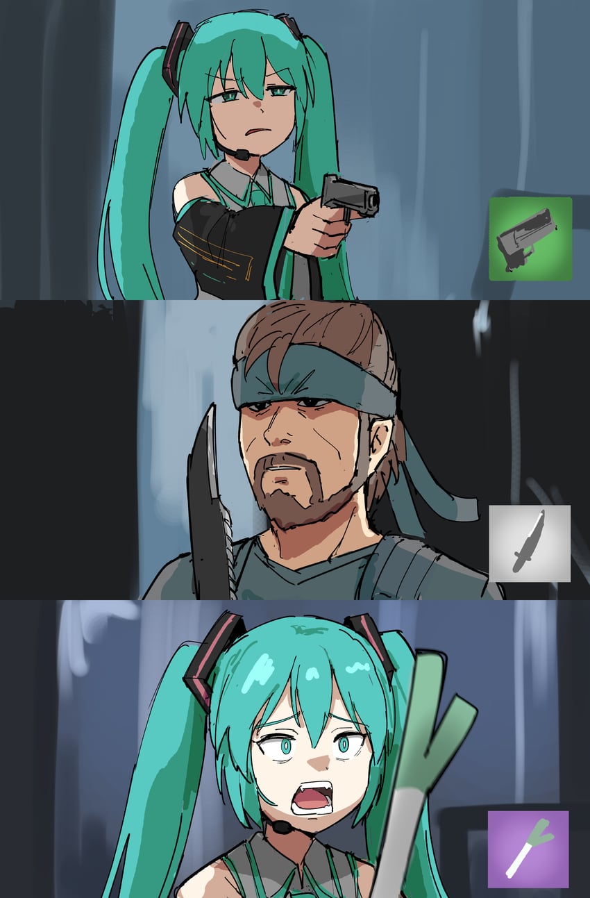 hatsune miku and solid snake (vocaloid and 4 more) drawn by tenten_(chan4545)