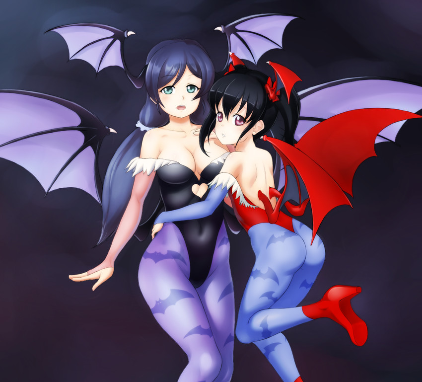 tojo nozomi, yazawa nico, morrigan aensland, and lilith (love live! and 2 more) drawn by finalcake