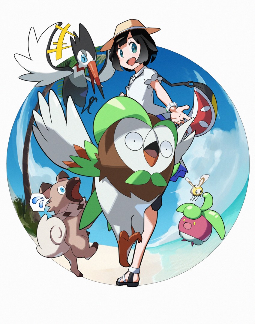 selene, cutiefly, rockruff, bounsweet, dartrix, and 1 more (pokemon and 1 more) drawn by kii_(kiiui)