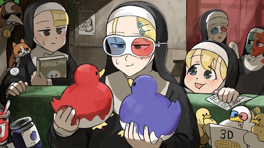 clumsy nun, froggy nun, spicy nun, strict nun, and sheep nun (little nuns) drawn by diva_(hyxpk)