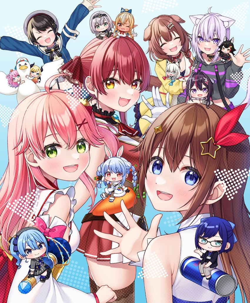 houshou marine, shirakami fubuki, hoshimachi suisei, usada pekora, nekomata okayu, and 12 more (hololive and 1 more) drawn by tomozu