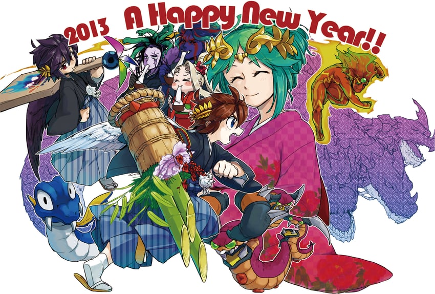 palutena, pit, dark pit, viridi, medusa, and 6 more (kid icarus and 1 more) drawn by suno_(imydream)