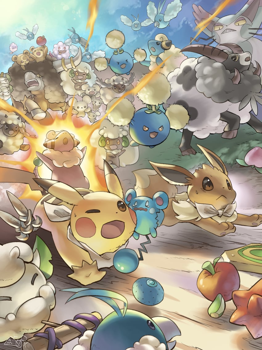pikachu, eevee, swablu, wooloo, whimsicott, and 11 more (pokemon and 1 more) drawn by yamaori_(hakkentai_pokedan)