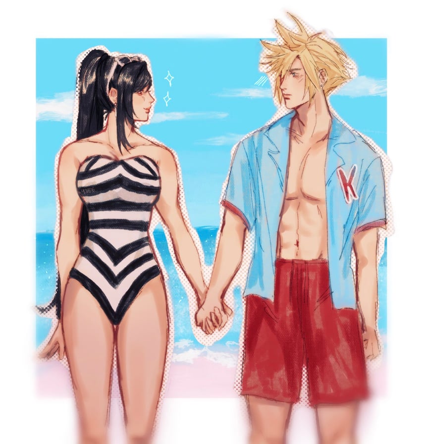 tifa lockhart, cloud strife, barbie, ken, and 1959 barbie (final fantasy and 3 more) drawn by yoobie