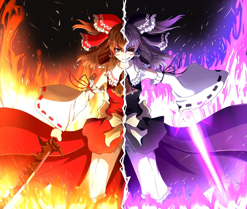 hakurei reimu and kanna (touhou and 1 more) drawn by sakuna_brownie