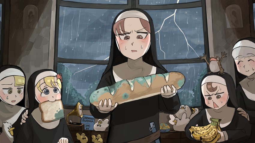 clumsy nun, froggy nun, spicy nun, sheep nun, and hungry nun (little nuns) drawn by diva_(hyxpk)