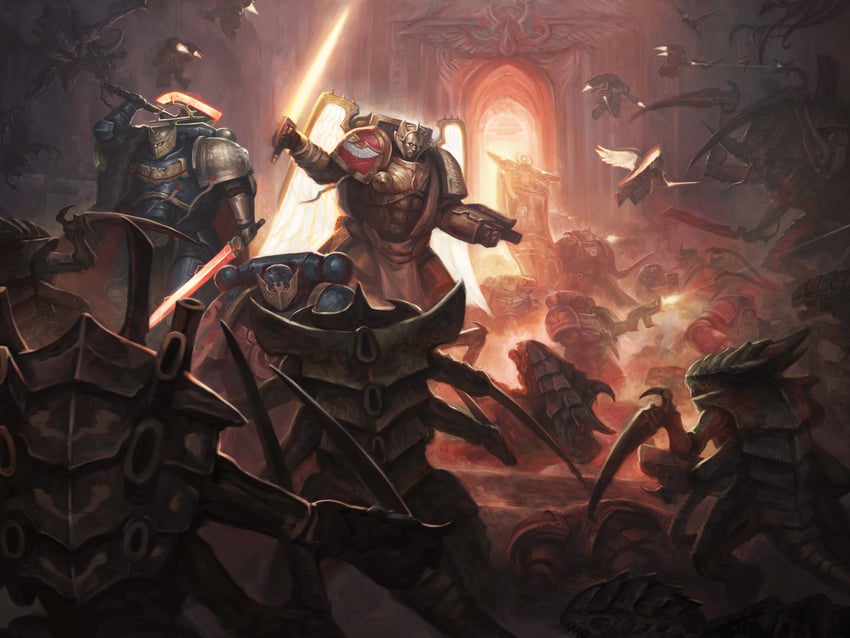 adeptus astartes, tyranid, and dante (warhammer 40k) drawn by kheljay