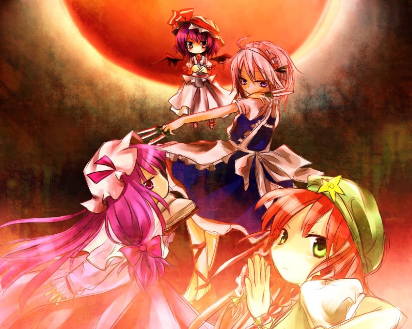 remilia scarlet, izayoi sakuya, patchouli knowledge, and hong meiling (touhou) drawn by sakusakumonoka