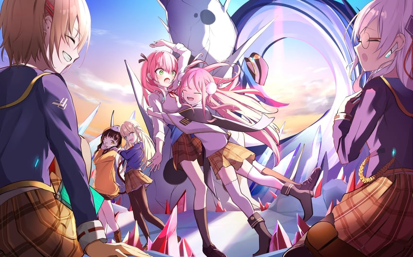 kayamori ruka, izumi yuki, asakura karen, toujou tsukasa, aikawa megumi, and 1 more (heaven burns red) drawn by tsukune2398