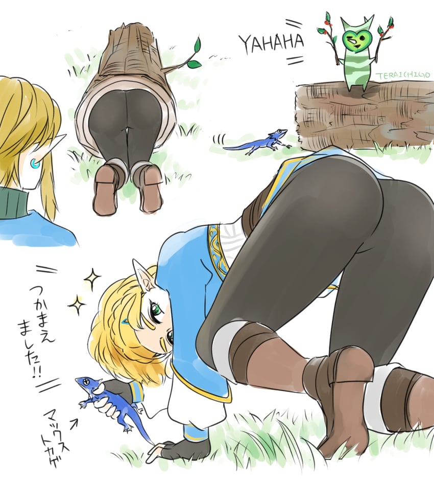 link, princess zelda, and korok (the legend of zelda and 1 more) drawn by teraichigo