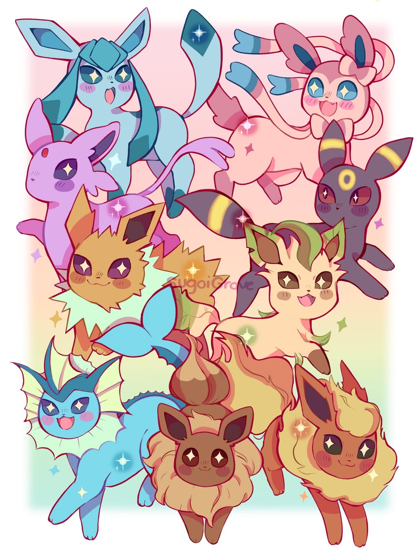 eevee, sylveon, umbreon, glaceon, vaporeon, and 4 more (pokemon) drawn by sugoigrove