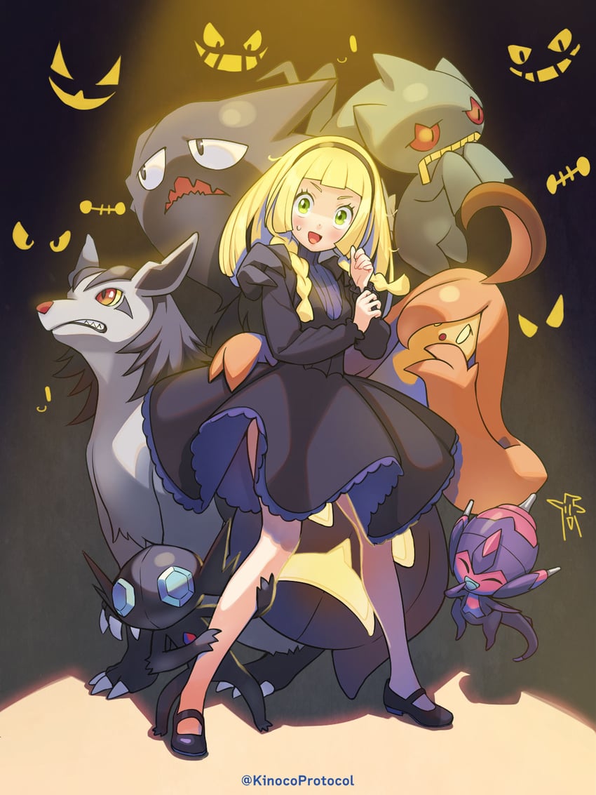 lillie, hex maniac, chandelure, haunter, banette, and 4 more (pokemon and 2 more) drawn by kinocopro