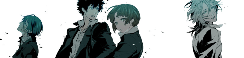 tsunemori akane, kougami shin'ya, ginoza nobuchika, and makishima shougo (psycho-pass) drawn by npn