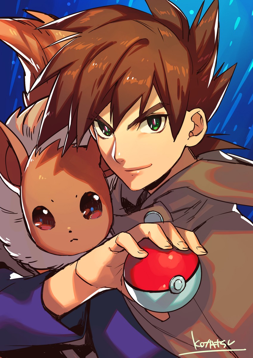 eevee and gary oak (pokemon) drawn by kotatsu_(g-rough)