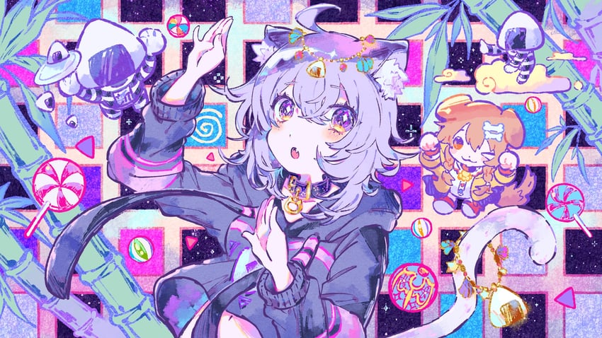 nekomata okayu, inugami korone, and onigirya (hololive) drawn by kiato