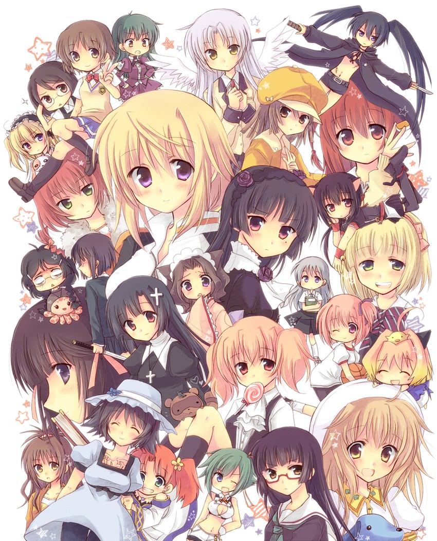 black rock shooter, gokou ruri, tachibana kanade, sengoku nadeko, charlotte dunois, and 27 more (monogatari and 29 more) drawn by miyata_(miyatami07)