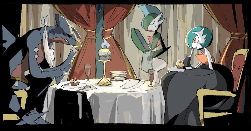 gardevoir, mega gardevoir, garchomp, gallade, and litwick (pokemon and 2 more) drawn by apios