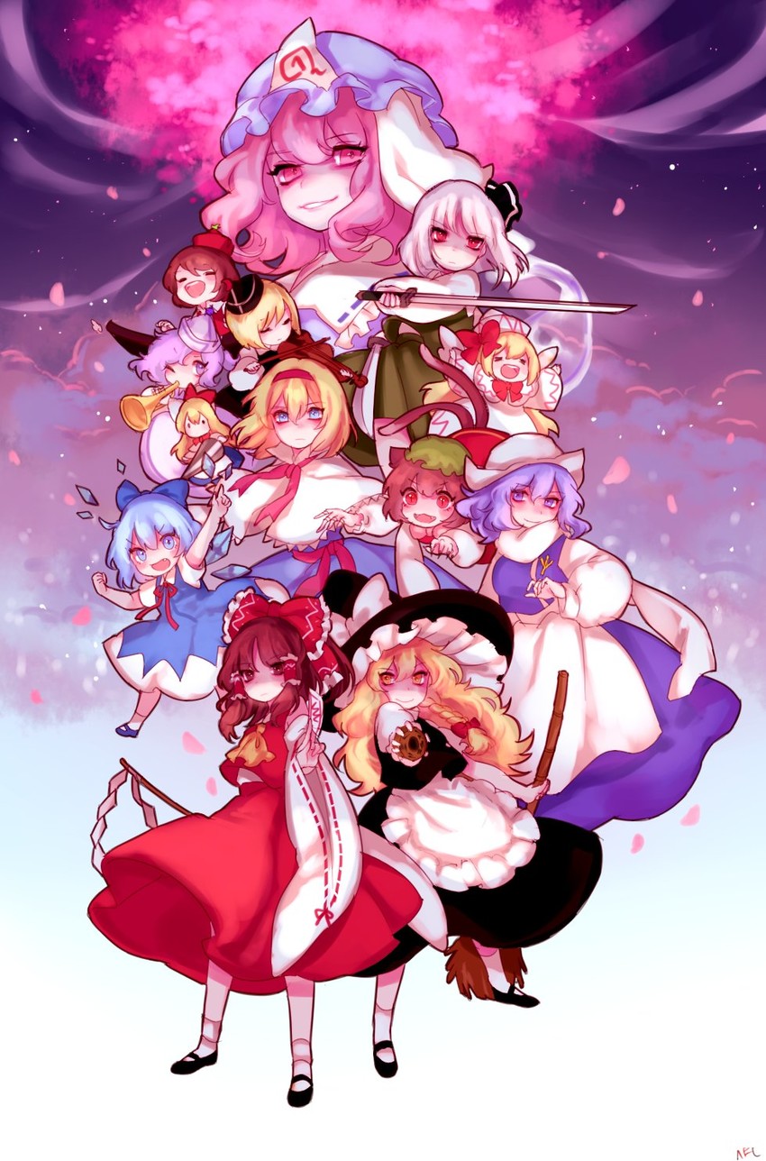 hakurei reimu, kirisame marisa, konpaku youmu, cirno, alice margatroid, and 8 more (touhou and 1 more) drawn by shan