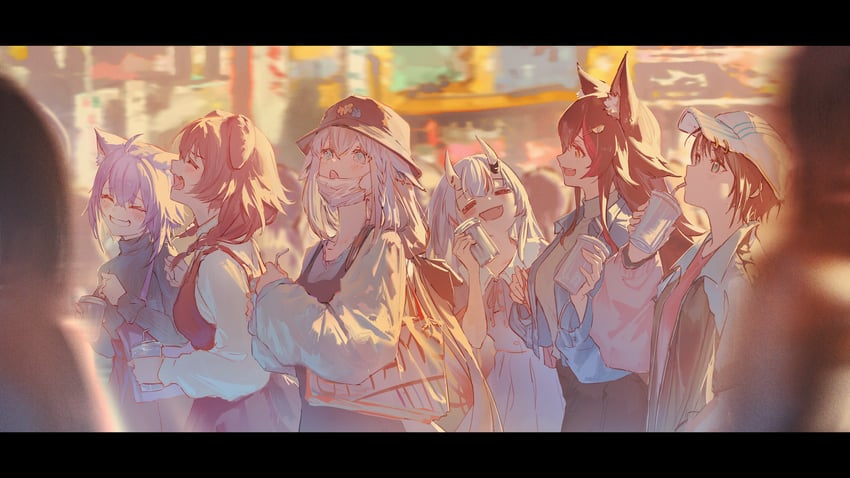 shirakami fubuki, nekomata okayu, ookami mio, oozora subaru, inugami korone, and 1 more (hololive) drawn by hyde_(tabakko)