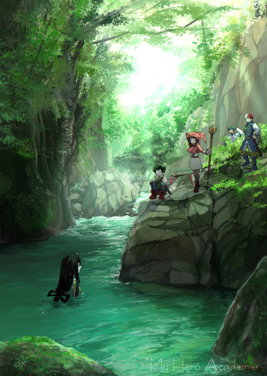 midoriya izuku, uraraka ochaco, todoroki shoto, asui tsuyu, and iida tenya (boku no hero academia) drawn by miyachi_(yayun)